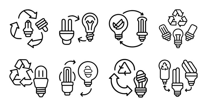 Recycling and energy saving icons set - Colorful flat icons depicting recycling, energy saving, and eco-friendly concepts with light bulbs and arrows.
