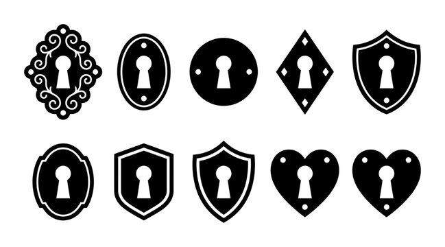 Collection of ten distinct vintage and modern keyhole plate silhouettes featuring decorative frames and secure shapes