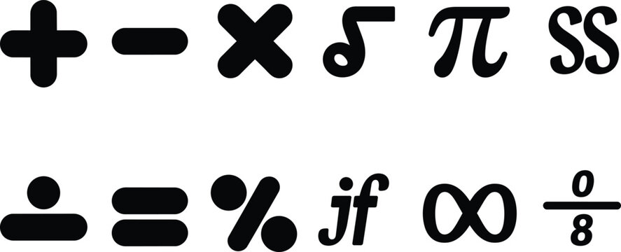 Math symbols including plus, minus, multiplication, musical note, pi, ss, equals, percentage, infinity and division and basic science and scientific i