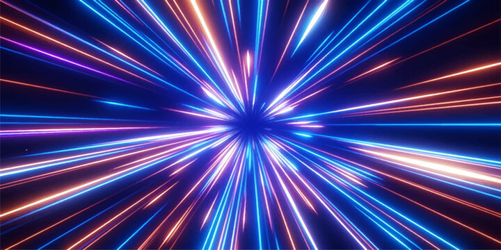 Abstract blue and orange light trails radiating from a central point, creating a sense of speed and energy in a digital space.