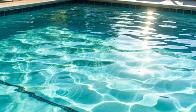 Glinting pool water surface rippling under sunlight at concrete deck, showing dark tile line