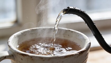 Fototapeta premium Pouring speckled mug filling from gooseneck spout with amber liquid on kitchen sill, steam rising