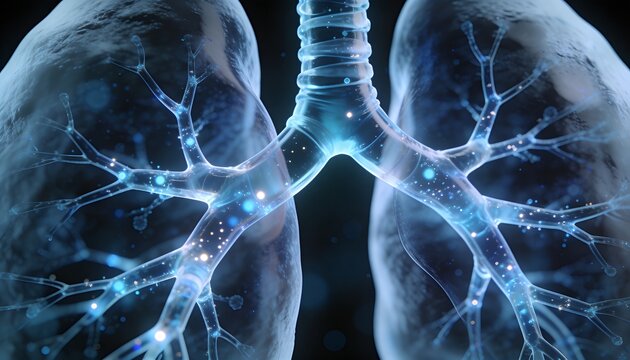 Showing translucent lungs and airways glowing in 3D medical render with trachea, bronchioles