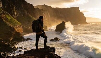 Fototapeta premium Standing male hiker wearing yellow dark jacket with large backpack on coastal outcrop, sea spray
