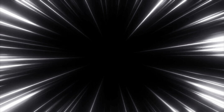 Zooming speed lines, abstract light streaks, and a black background evoke a sense of rapid movement or a wormhole effect.