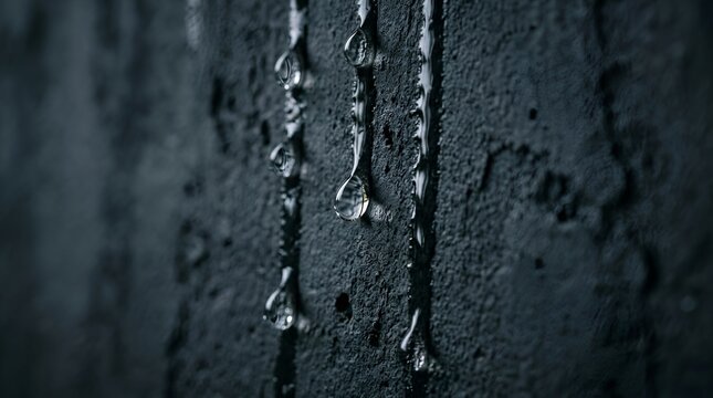 Water droplets running down a dark textured wall, close-up macro shot