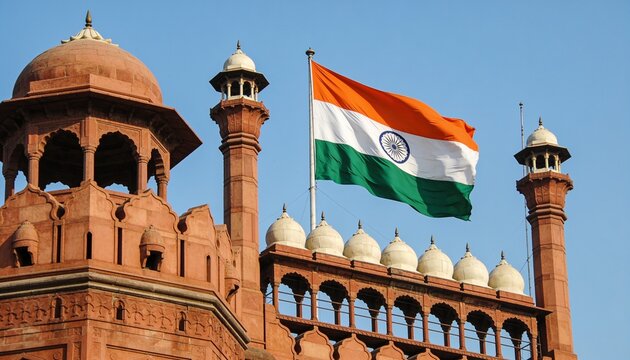 Waving Indian national flag flying from tall flagpole above Red Fort, showing domes, chhatris
