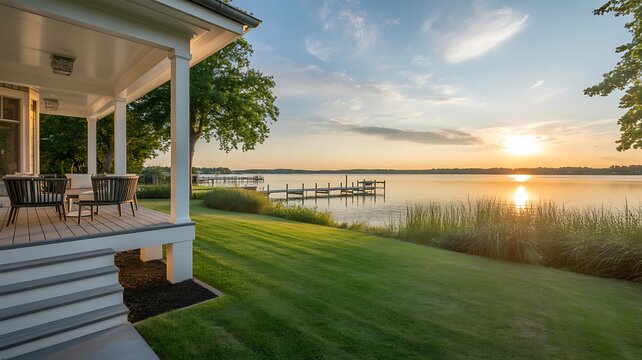 Luxury waterfront house with scenic lake view at golden sunset