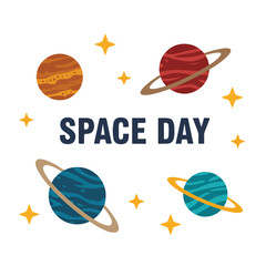 Colorful Space Day graphic with planets and stars © Kalika