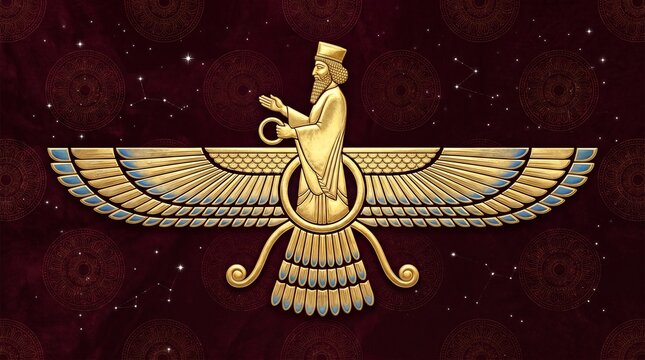 Faravahar Symbol Vector Illustration for Happy Parsi New Year, Zoroastrian Navroz Celebration Background with Golden Winged Figure on Red Gradient