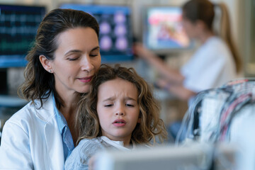 Obraz premium A caring female doctor holds a distressed child in an examination room, emphasizing the importance of compassion and reassurance in pediatric healthcare settings for better patient experiences.