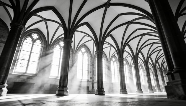 Showing vaulted colonnade in historic nave, with slender columns, ribbed vaults, lancet windows