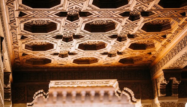Showing coffered wooden ceiling at heritage hall, featuring octagonal panels and carved rosettes