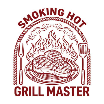 Smoking hot grill master logo with steak plate fork and spatula on white background