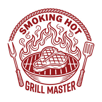 Smoking hot grill master logo with steak on barbecue and utensils  isolated on transparent background