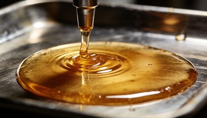 Obraz premium Pouring syrup forming glossy pool on metal tray at bench, with nozzle, droplets, highlights