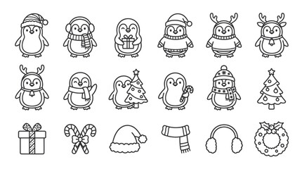 Christmas penguin and reindeer winter character icons. © diki