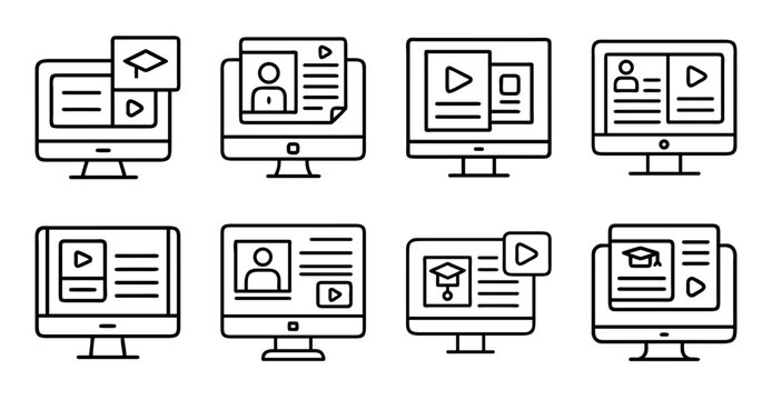 Modern computer monitors showing document icons - Eight computer monitors displaying various document-related icons in a clean, organized grid style.