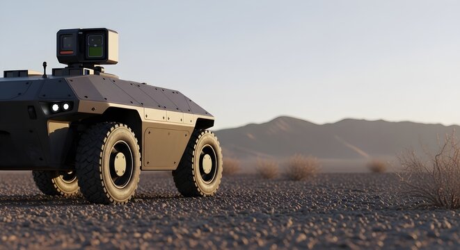 Autonomous military unmanned ground vehicle patrolling a rugged desert landscape at sunset.