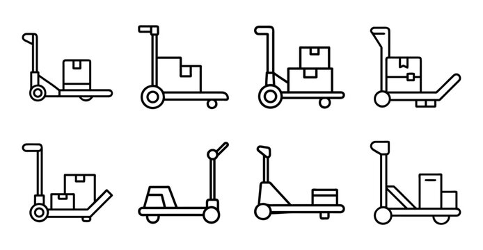 Flat pack icons of forklifts and pallet jacks - Set of clean line icons showing various warehouse equipment like forklifts and pallet jacks in action.