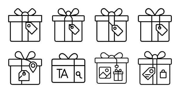 Set of gift boxes with different icons inside - Minimalist line art gift boxes showcasing various icons like heart, star, tag, and shopping cart for creative use.
