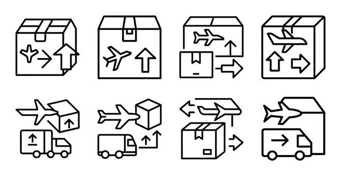 Flat package delivery process icons set - Minimalist vector icons showing a package delivery sequence from dispatch to customer doorstep.