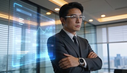 Obraz premium Viewing suited Asian man with clear glasses checking watch by glass wall at office, hologram charts