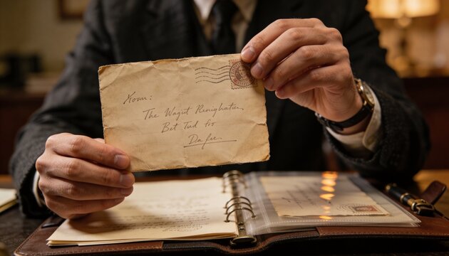 Holding aged envelope, adult male wearing dark suit reading handwriting at wooden desk, folio