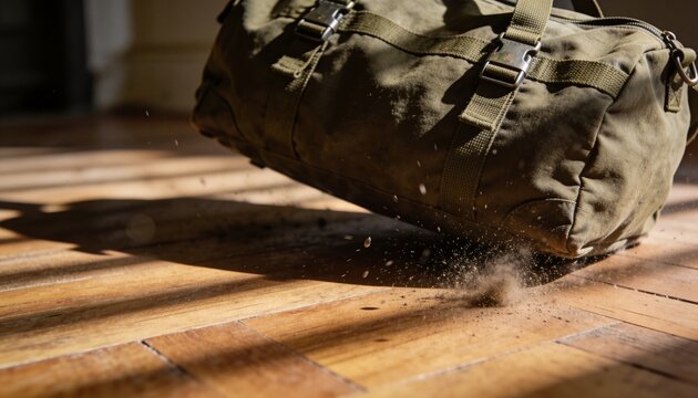 Hovering green canvas duffel bag showing webbing straps and buckles on parquet floor, dust kicking