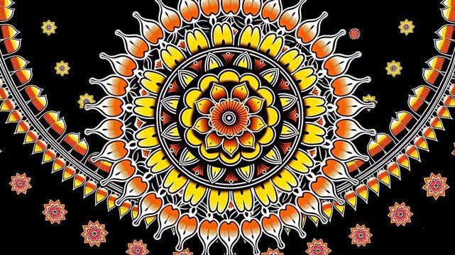Vibrant mandala patterns with intricate floral designs on a black background. Ideal for artistic projects, meditation, and cultural themes