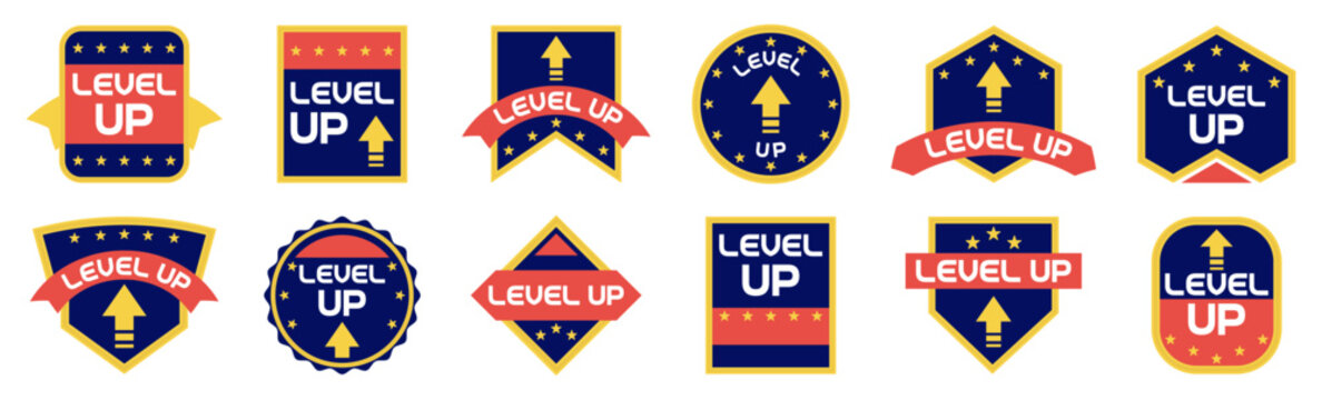 Achievement badges and level progression icon collection in colorful flat style. Includes rank advancement, promotion labels, reward emblems, success markers