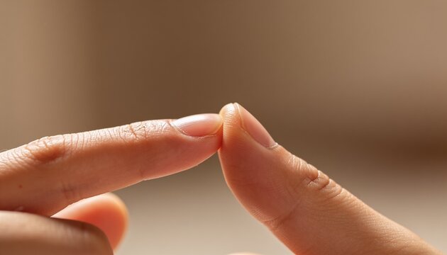 Touching left and right fingertips tip-to-tip in studio beige, showing cuticles, nails, creases
