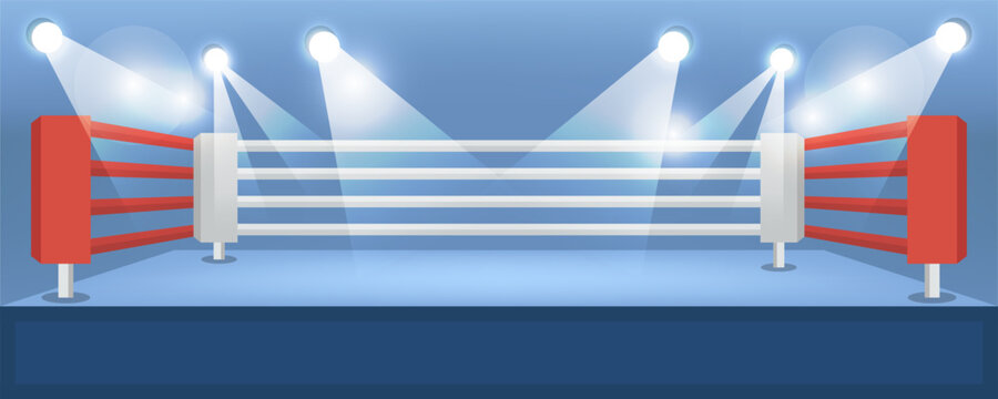 Boxing ring arena background in flat style. Features professional boxing ring, stadium lighting, sports venue interior