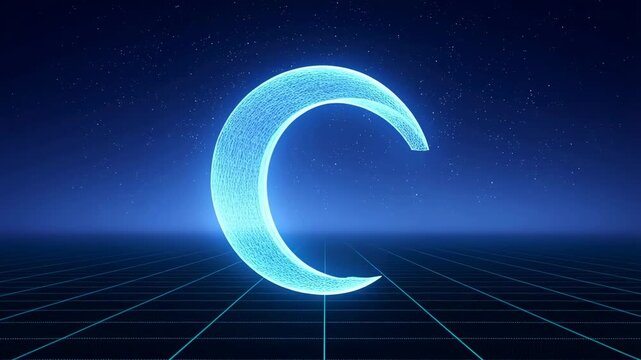 Glowing digital crescent moon and comma symbol in a futuristic grid environment. Represents technology, creativity, and modern design concepts