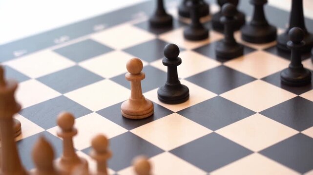 Close-up chessboard shows black and white squares. Wooden pawns stand out against dark chess pieces. Shallow depth of field blurs other pieces. Strategic tension between opposing pawns
