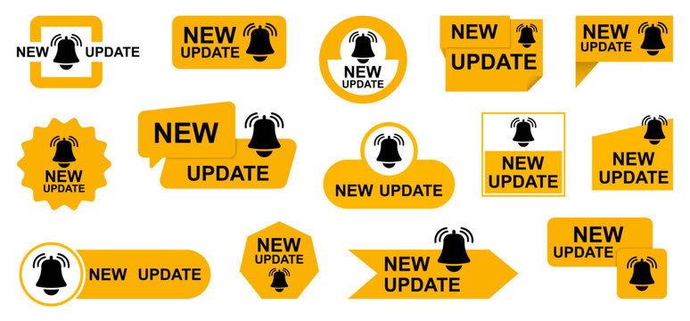 New update notification labels collection in flat style. Includes software update badges, application notifications, alert banners