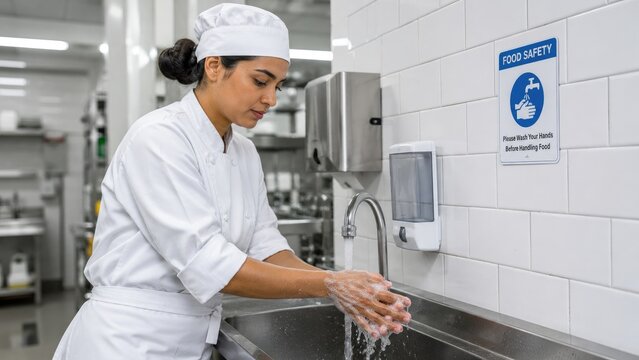 Chef washing hands at stainless steel sink in commercial kitchen under a food safety sign