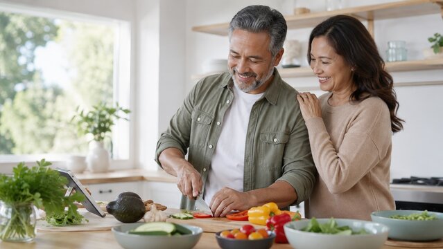 Smiling middle-aged couple preparing fresh vegetables together in a bright modern kitchen