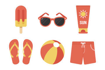 Summer travel beach accessories vector set with cartoon vacation items including sunglasses, sun cream, flip flops, and beach ball for tropical holiday themes. © ARIF AHMED 02