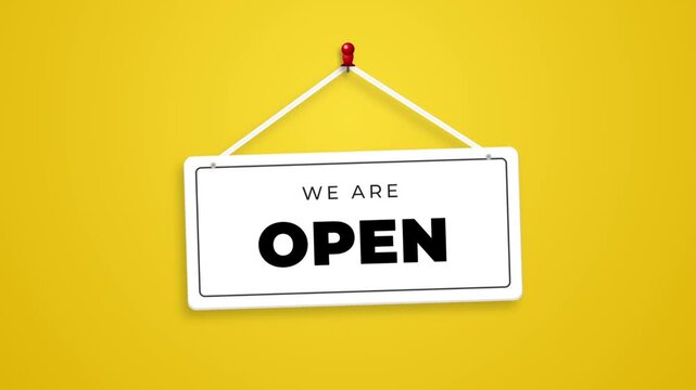 Three 'we are open' signs on a yellow background