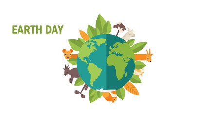 Earth Day illustration with animals and leaves around the globe © kalimi