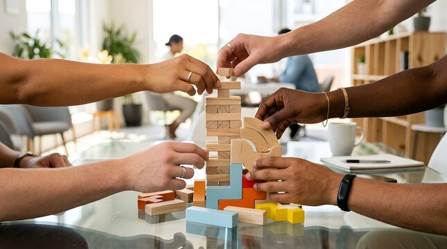 Diverse team playing Jenga game, teamwork and strategy in office setting
