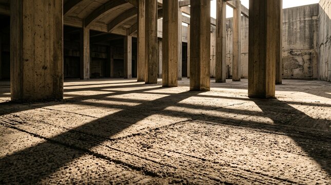 Abandoned concrete structure with strong shadows and light beams