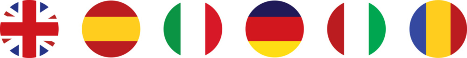 Obraz premium Modern European flag circle button icon set, perfectly structured for global embassy branding and European identity shortcut graphics, containing clean flat vector illustration elements in an isolated
