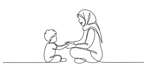 Continuous line drawing of a muslim mother playing with her little baby boy © Icon_gallery