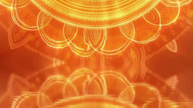 Vibrant orange mandala pattern with reflective water surface. Symbolizes harmony, spirituality, and artistic expression in design