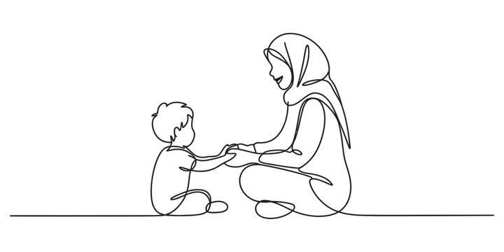 Continuous line drawing of a muslim mother playing with her little baby boy