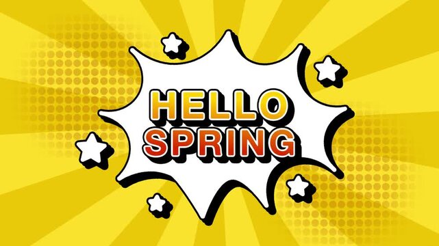 Hello spring text word lettering popup comic cartoon reveal with bomb and smoke explosion manga anime book page dots with radial speed lines doodle yellow background with seamless loop animation