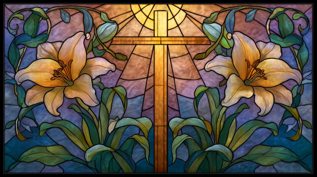 Stunning Catholic church sanctuary featuring vibrant stained glass artwork, dramatic sunbeams illuminating the pulpit, cross, and dim aisle in spiritual solitude.