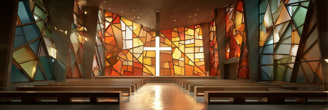 Stunning Catholic church sanctuary featuring vibrant stained glass artwork, dramatic sunbeams illuminating the pulpit, cross, and dim aisle in spiritual solitude.